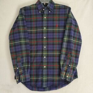 Ralph Lauren Shirt‎ Mens Small Plaid Navy Blue Oxford Cloth Button Down Pony